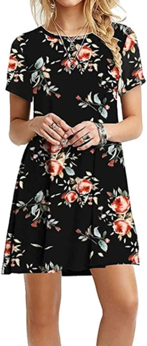 GRASWE Womens Casual Tunic T-Shirt Dress Short Sleeve Hot Pure Color Floral Dress