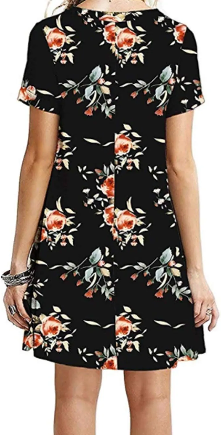 GRASWE Womens Casual Tunic T-Shirt Dress Short Sleeve Hot Pure Color Floral Dress