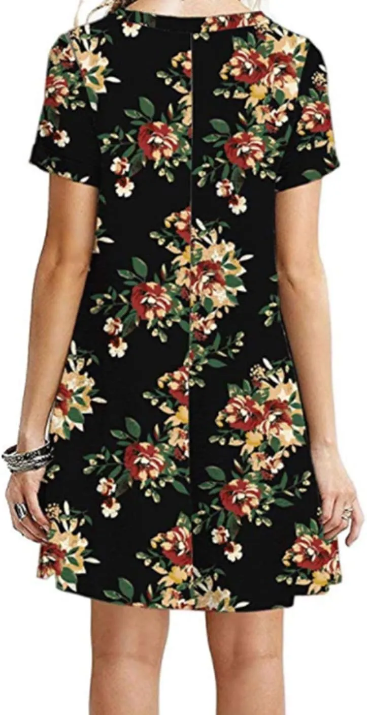 GRASWE Womens Casual Tunic T-Shirt Dress Short Sleeve Hot Pure Color Floral Dress
