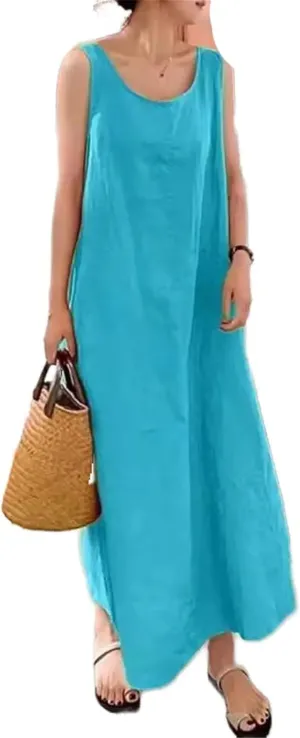 GUOYUXIAO Women's Cotton Dress Round Neck Pocket Skirt
