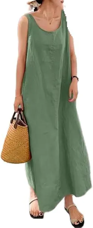 GUOYUXIAO Women's Cotton Dress Round Neck Pocket Skirt