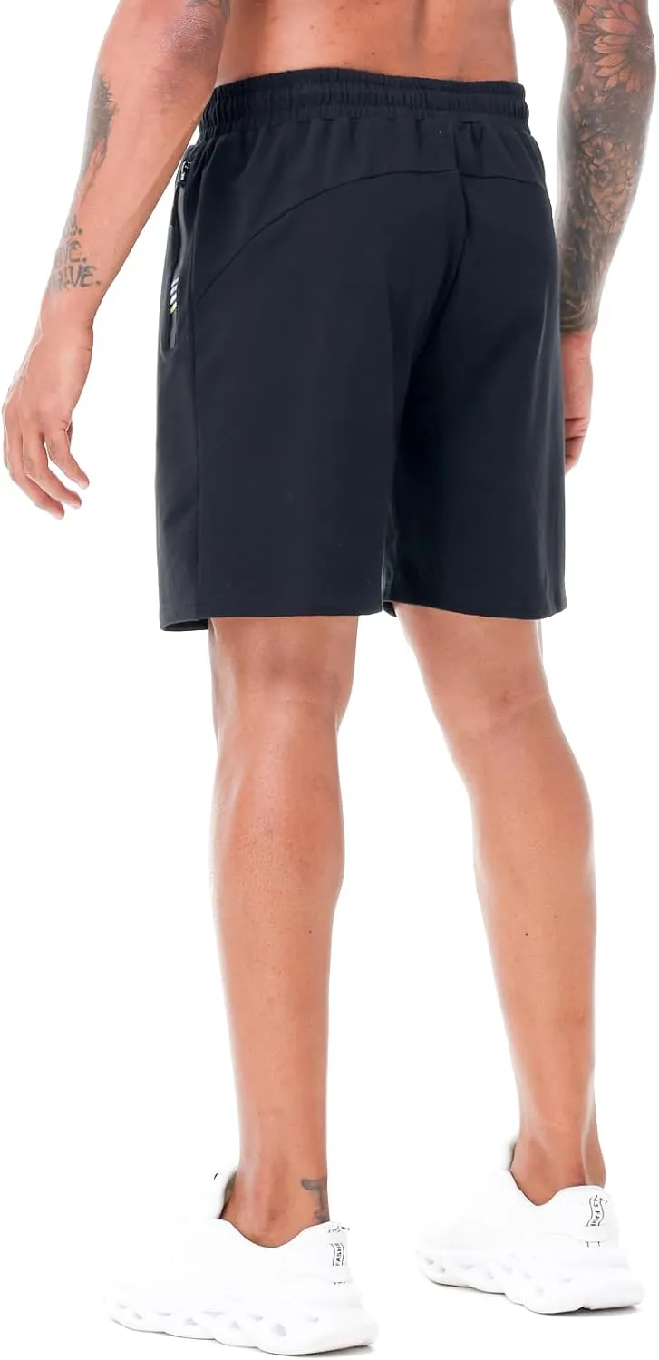 HEALONG Mens Athletic Shorts Cotton: Workout Gym Running Exercise Training - 7" Drawstring Fashion Sports with Zipper Pockets