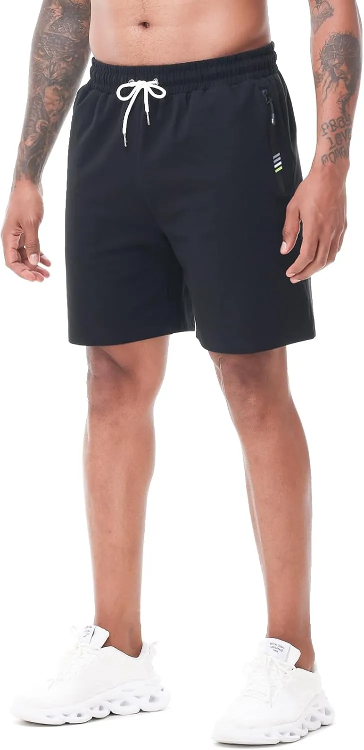 HEALONG Mens Athletic Shorts Cotton: Workout Gym Running Exercise Training - 7" Drawstring Fashion Sports with Zipper Pockets