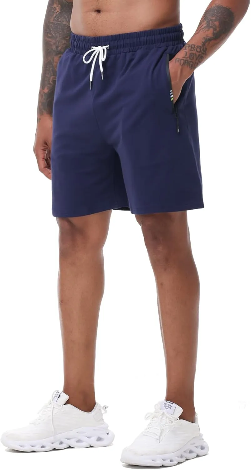 HEALONG Mens Athletic Shorts Cotton: Workout Gym Running Exercise Training - 7" Drawstring Fashion Sports with Zipper Pockets