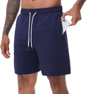 HEALONG Mens Athletic Shorts Cotton: Workout Gym Running Exercise Training - 7" Drawstring Fashion Sports with Zipper Pockets