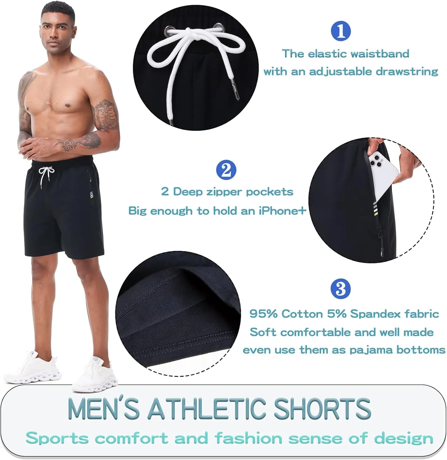 HEALONG Mens Athletic Shorts Cotton: Workout Gym Running Exercise Training - 7" Drawstring Fashion Sports with Zipper Pockets