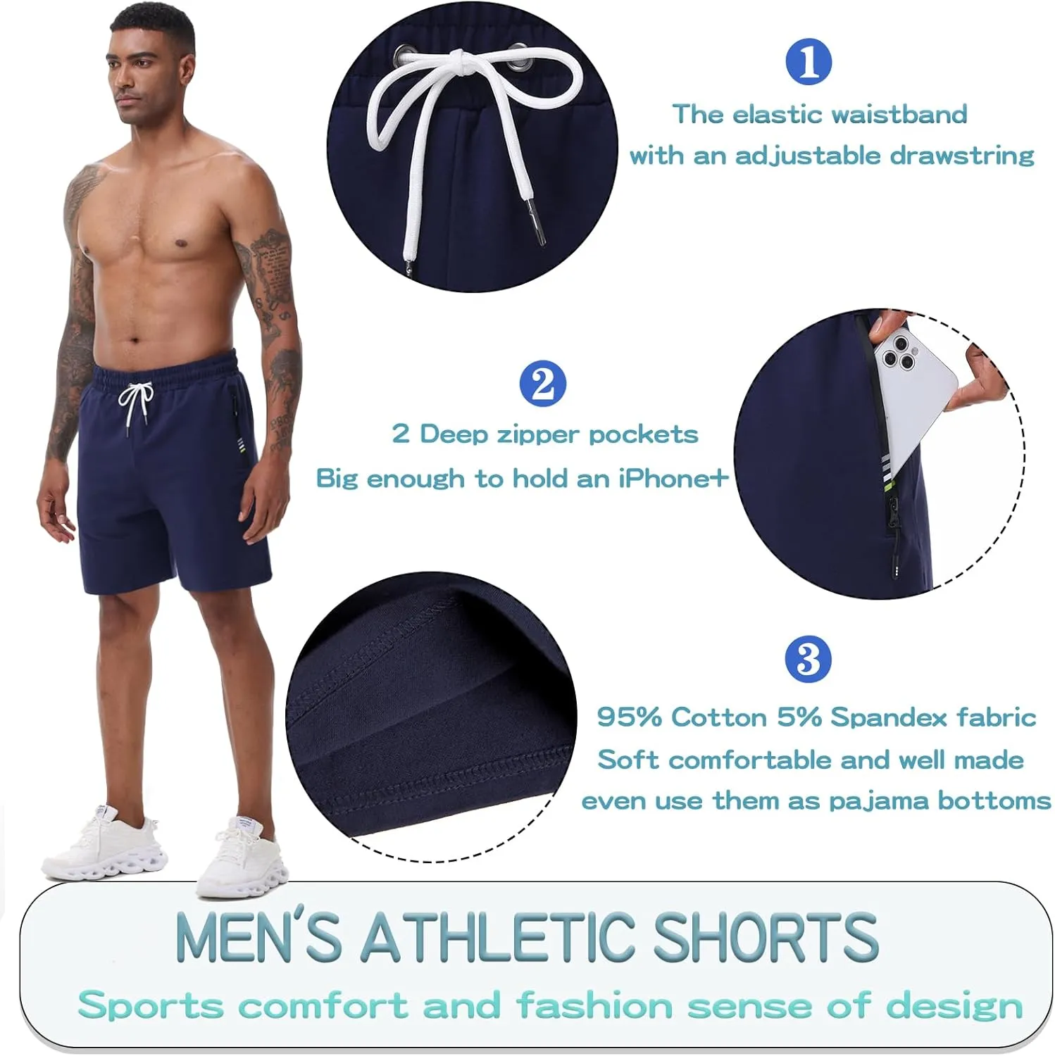 HEALONG Mens Athletic Shorts Cotton: Workout Gym Running Exercise Training - 7" Drawstring Fashion Sports with Zipper Pockets