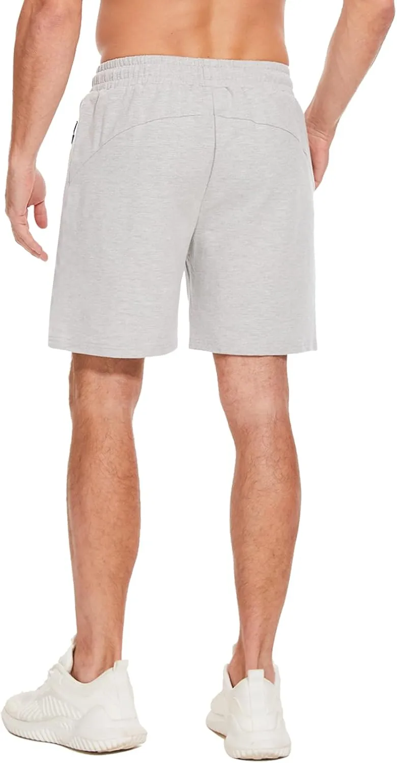 HEALONG Mens Athletic Shorts Cotton: Workout Gym Running Exercise Training - 7" Drawstring Fashion Sports with Zipper Pockets