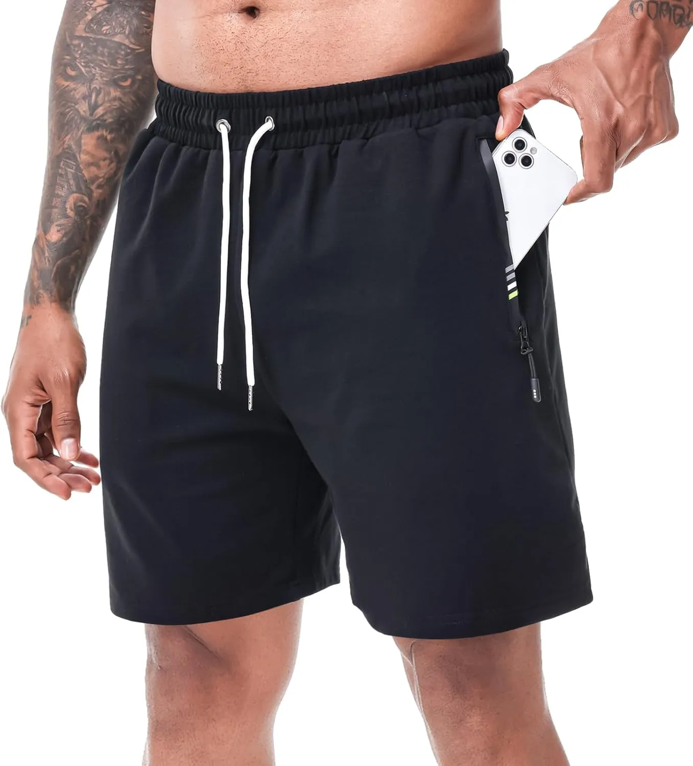 HEALONG Mens Athletic Shorts Cotton: Workout Gym Running Exercise Training - 7" Drawstring Fashion Sports with Zipper Pockets