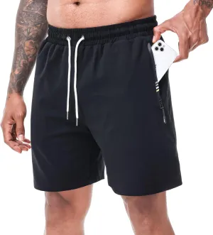 HEALONG Mens Athletic Shorts Cotton: Workout Gym Running Exercise Training - 7" Drawstring Fashion Sports with Zipper Pockets