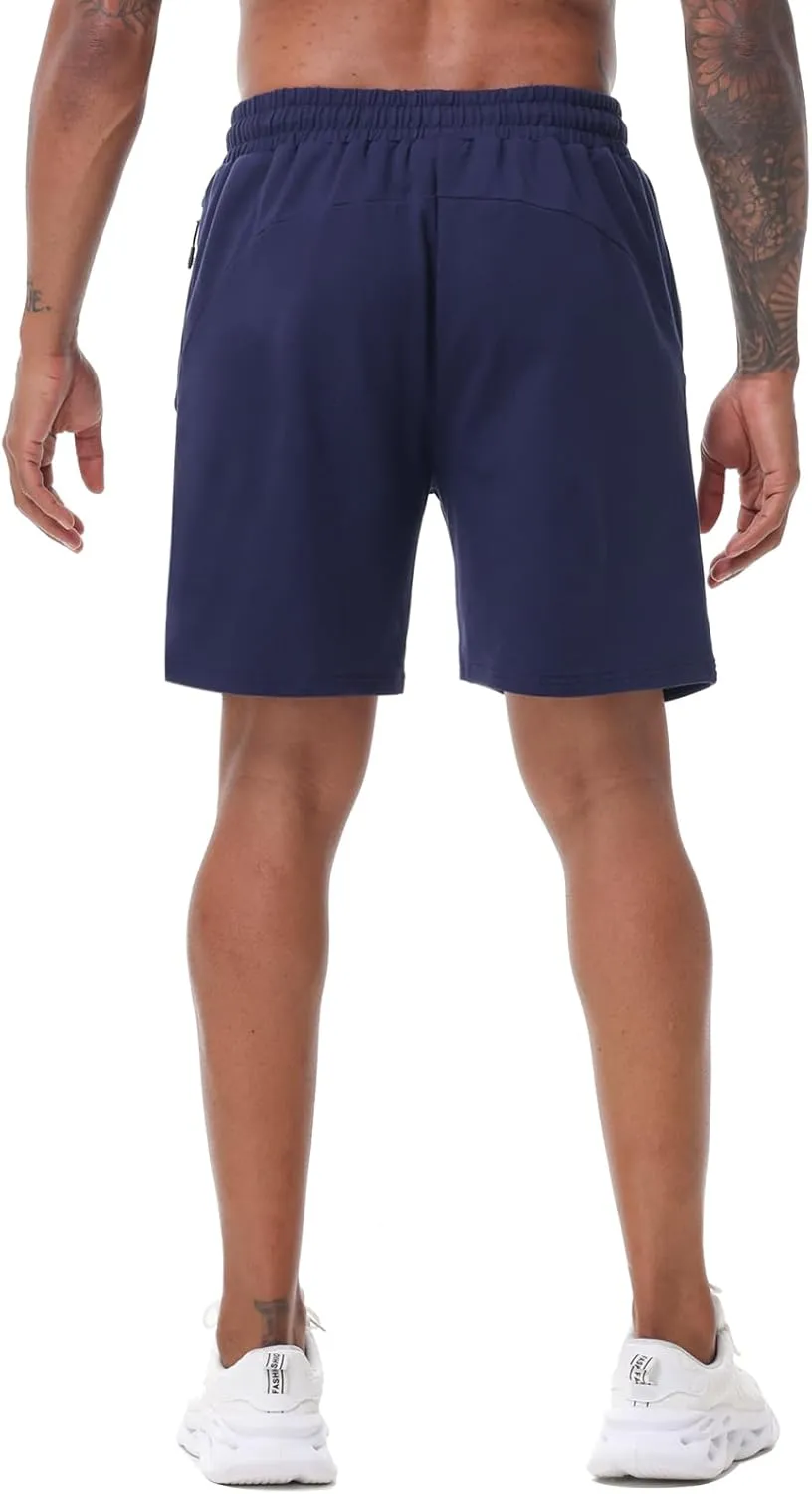 HEALONG Mens Athletic Shorts Cotton: Workout Gym Running Exercise Training - 7" Drawstring Fashion Sports with Zipper Pockets