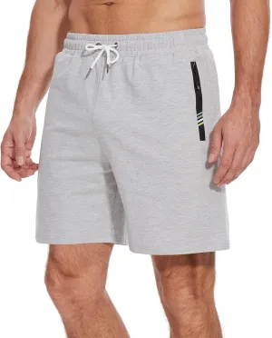 HEALONG Mens Athletic Shorts Cotton: Workout Gym Running Exercise Training - 7" Drawstring Fashion Sports with Zipper Pockets