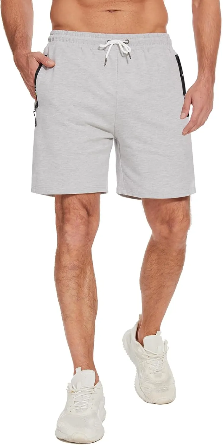 HEALONG Mens Athletic Shorts Cotton: Workout Gym Running Exercise Training - 7" Drawstring Fashion Sports with Zipper Pockets
