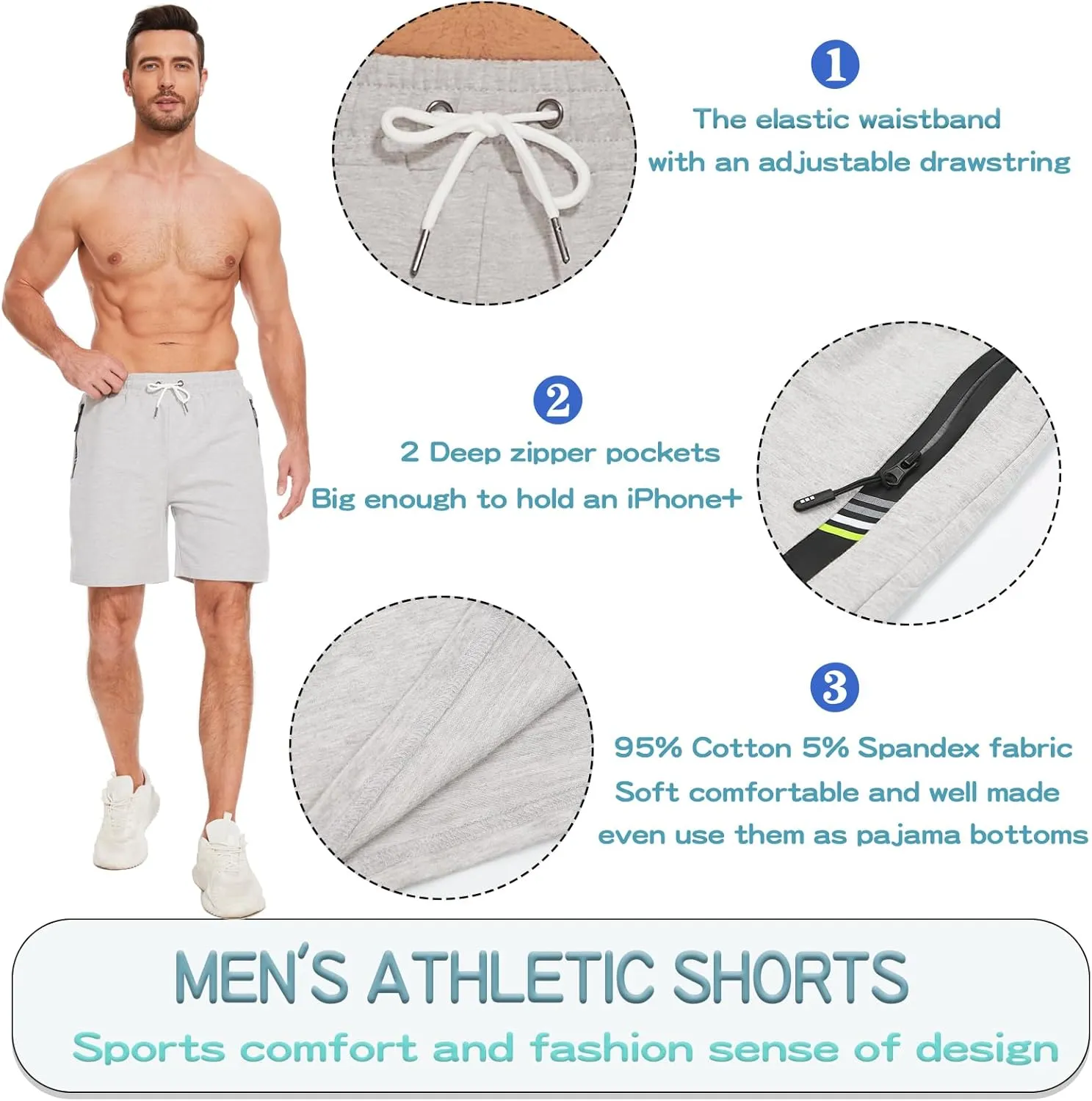 HEALONG Mens Athletic Shorts Cotton: Workout Gym Running Exercise Training - 7" Drawstring Fashion Sports with Zipper Pockets