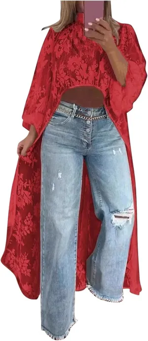 HGps8w Elegant Women's High Low Lace Tunic Tops Lantern Long Sleeve Mock Neck Asymmetrical Irregular Hem Dressy Casual Blouse