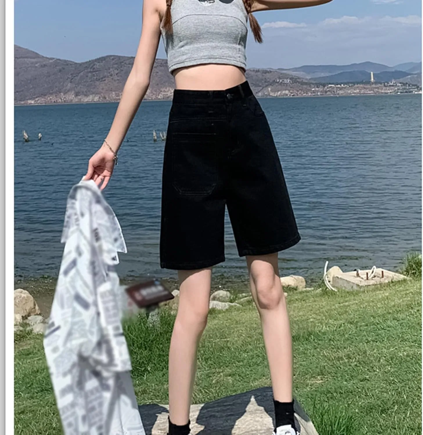 High Waisted Denim Bermuda Shorts for Women Straight Wide Leg High Rise Jean Shorts Y2k Baggy Shorts with Pockets
