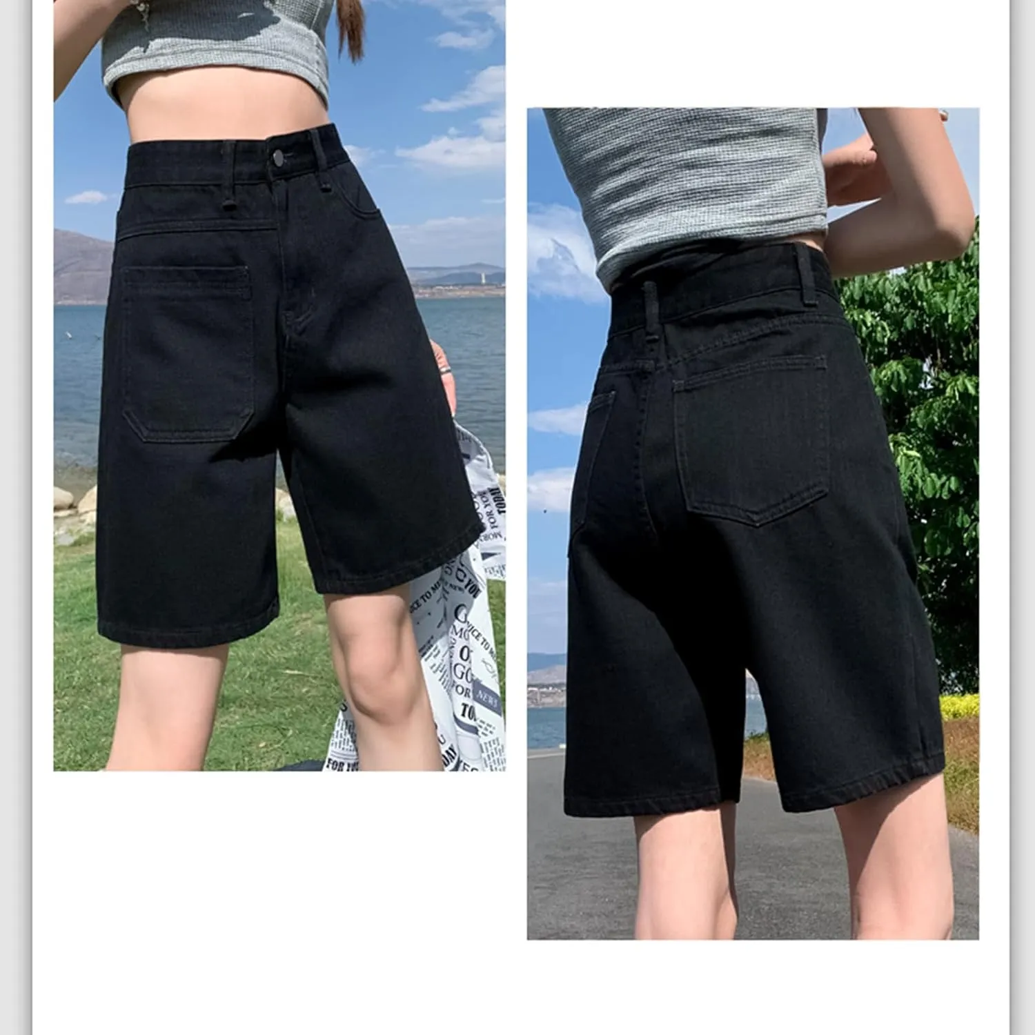 High Waisted Denim Bermuda Shorts for Women Straight Wide Leg High Rise Jean Shorts Y2k Baggy Shorts with Pockets