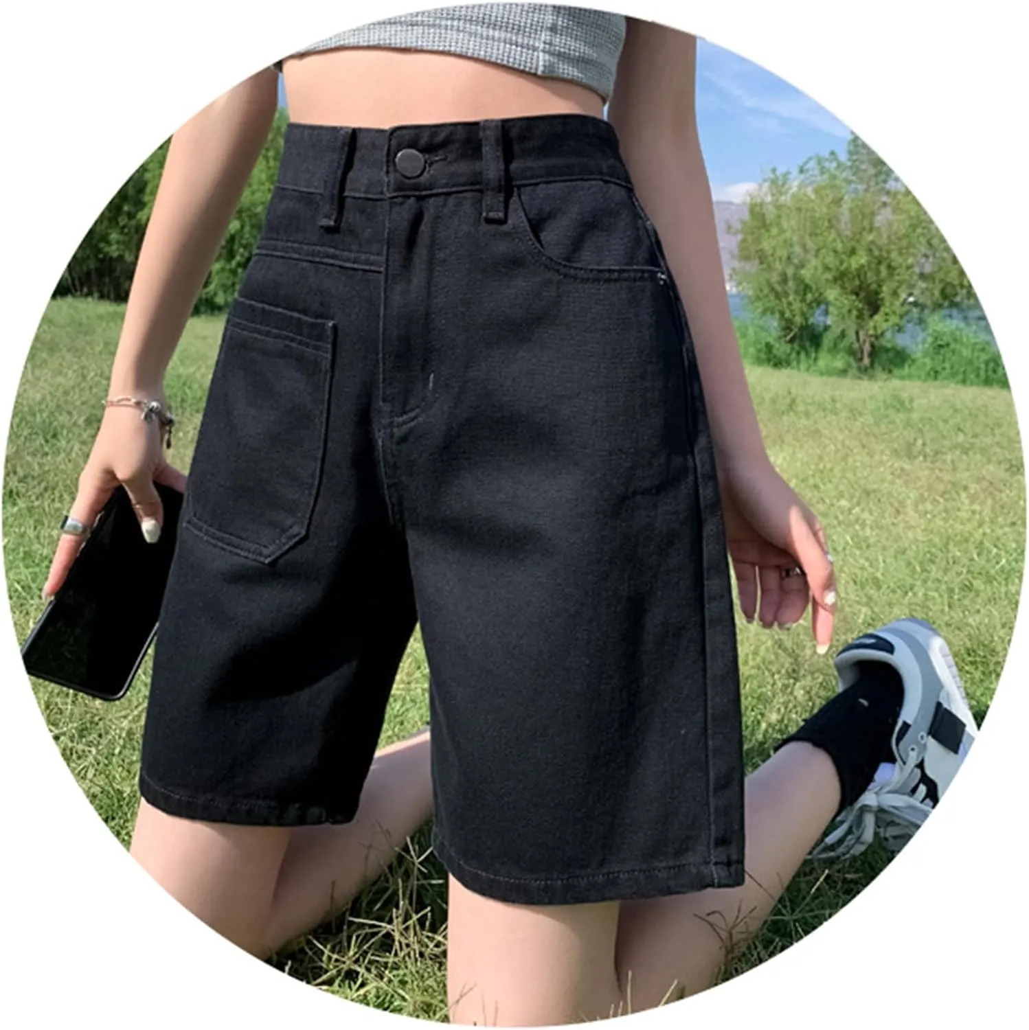 High Waisted Denim Bermuda Shorts for Women Straight Wide Leg High Rise Jean Shorts Y2k Baggy Shorts with Pockets