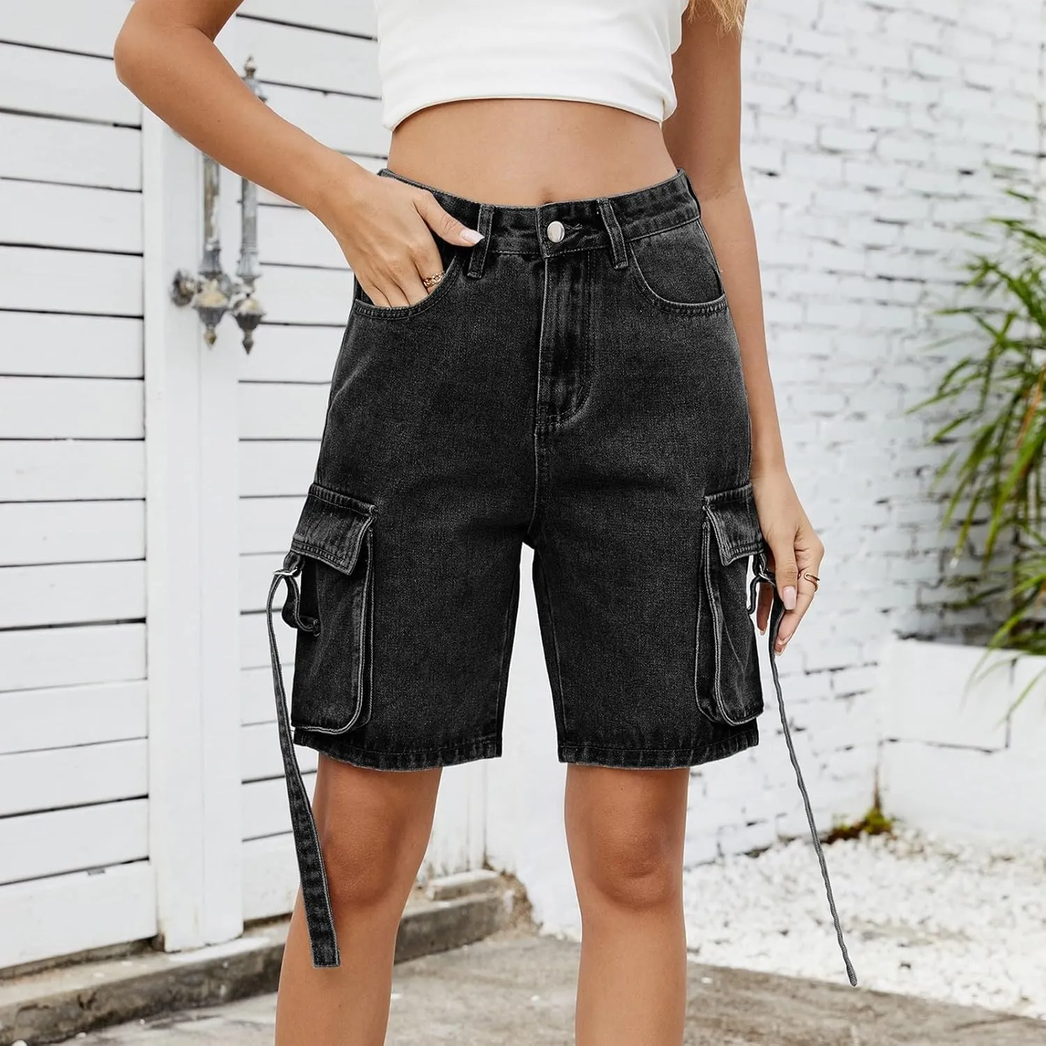 High Waisted Jeans Shorts Womens Mid Thigh Cargo Baggy Jorts Loose Denim Bermuda Shorts Knee Length Cowgirl Pants