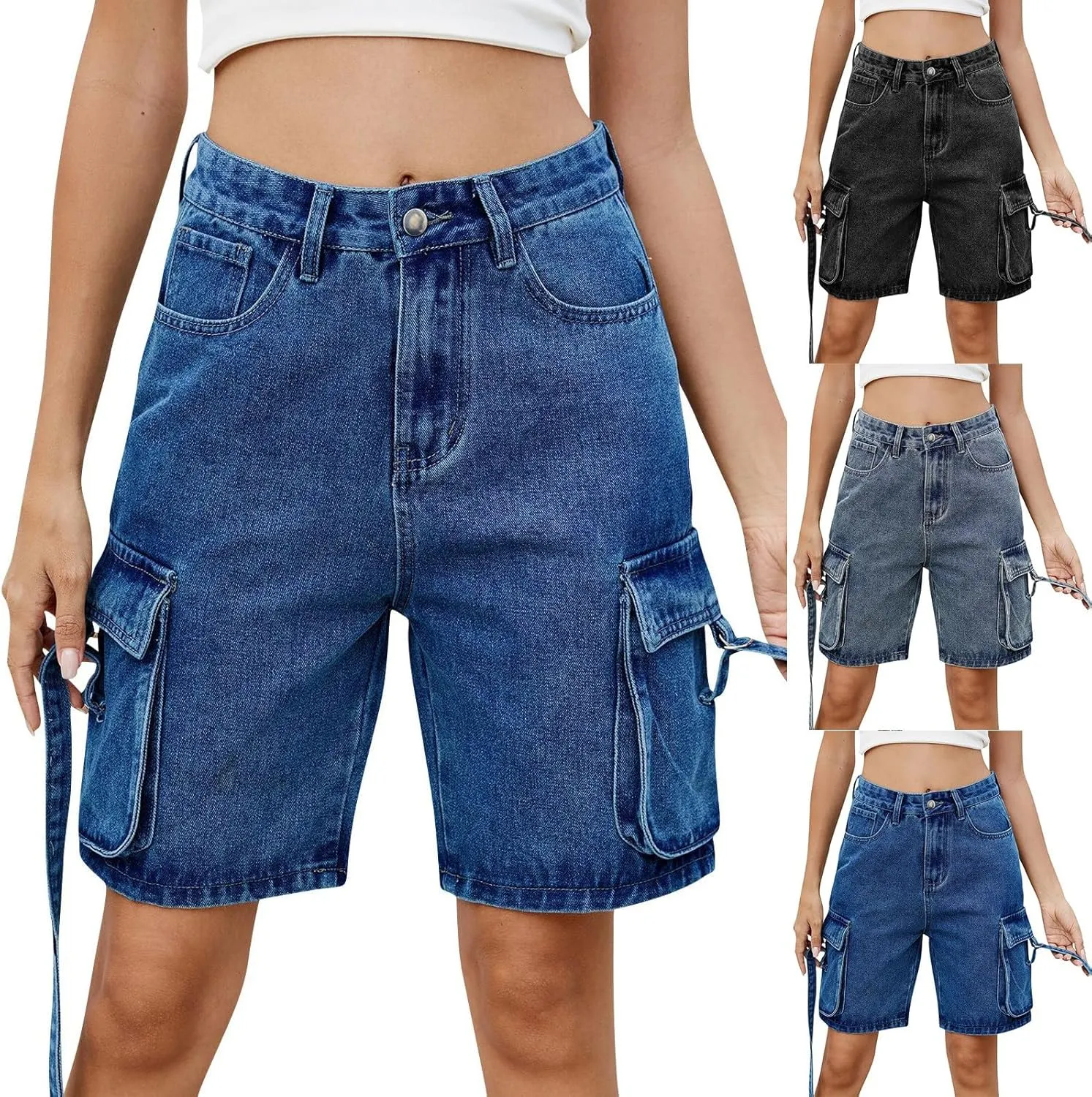 High Waisted Jeans Shorts Womens Mid Thigh Cargo Baggy Jorts Loose Denim Bermuda Shorts Knee Length Cowgirl Pants