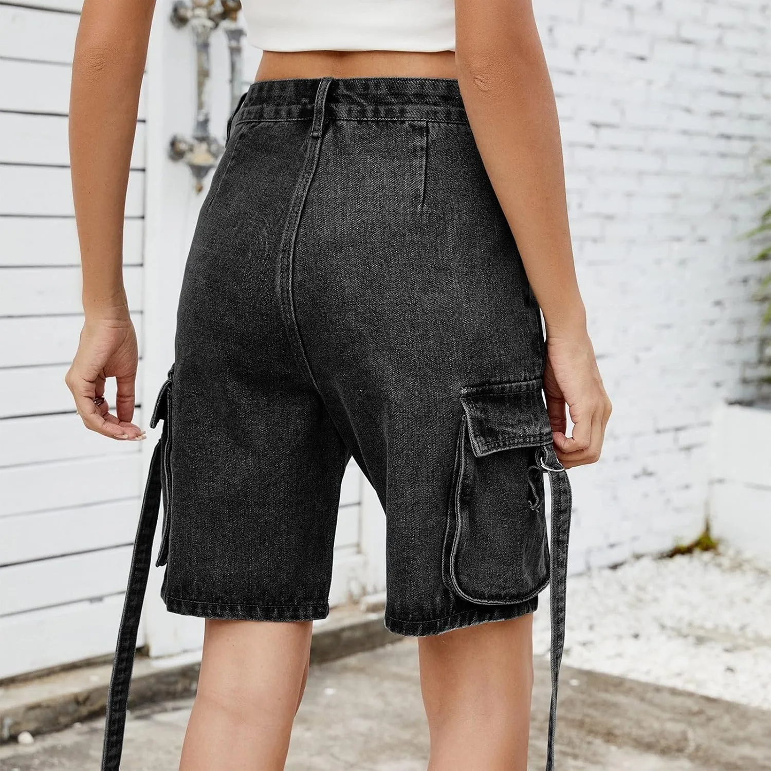 High Waisted Jeans Shorts Womens Mid Thigh Cargo Baggy Jorts Loose Denim Bermuda Shorts Knee Length Cowgirl Pants