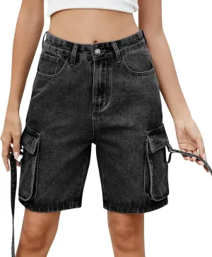 High Waisted Jeans Shorts Womens Mid Thigh Cargo Baggy Jorts Loose Denim Bermuda Shorts Knee Length Cowgirl Pants