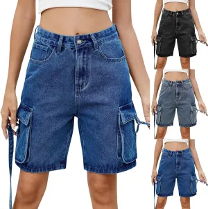 High Waisted Jeans Shorts Womens Mid Thigh Cargo Baggy Jorts Loose Denim Bermuda Shorts Knee Length Cowgirl Pants