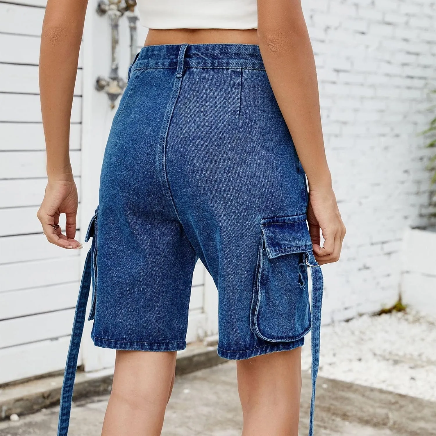High Waisted Jeans Shorts Womens Mid Thigh Cargo Baggy Jorts Loose Denim Bermuda Shorts Knee Length Cowgirl Pants