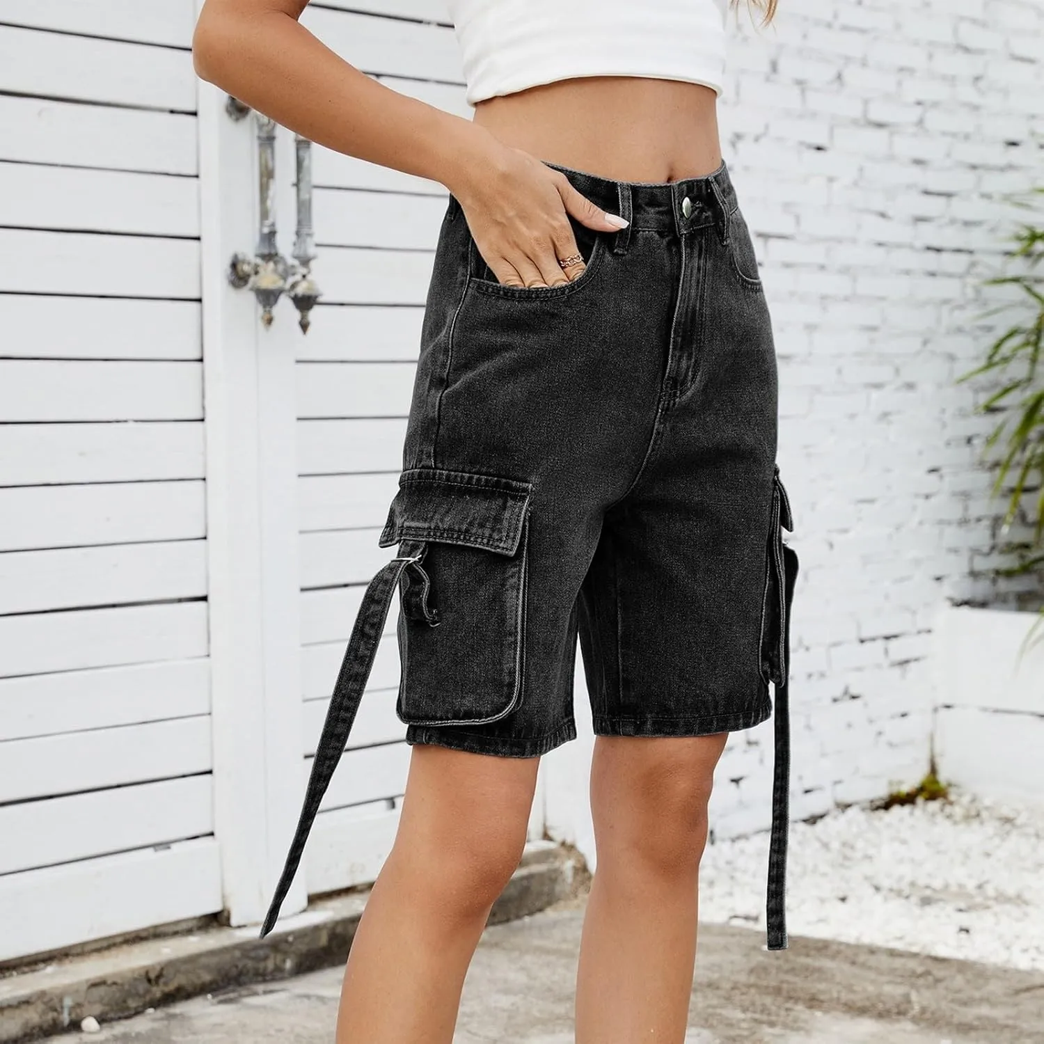 High Waisted Jeans Shorts Womens Mid Thigh Cargo Baggy Jorts Loose Denim Bermuda Shorts Knee Length Cowgirl Pants