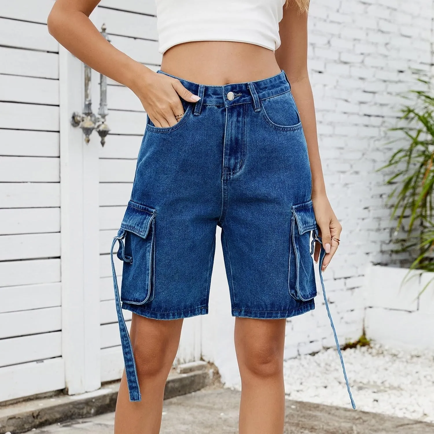 High Waisted Jeans Shorts Womens Mid Thigh Cargo Baggy Jorts Loose Denim Bermuda Shorts Knee Length Cowgirl Pants
