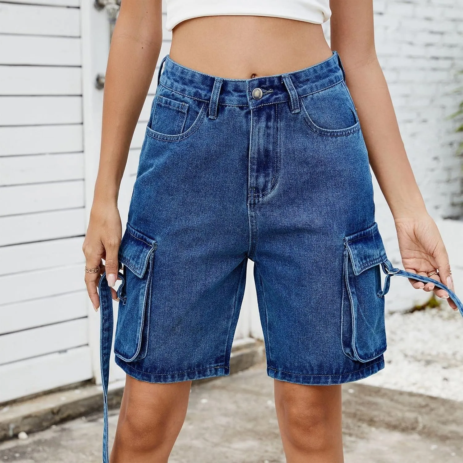 High Waisted Jeans Shorts Womens Mid Thigh Cargo Baggy Jorts Loose Denim Bermuda Shorts Knee Length Cowgirl Pants