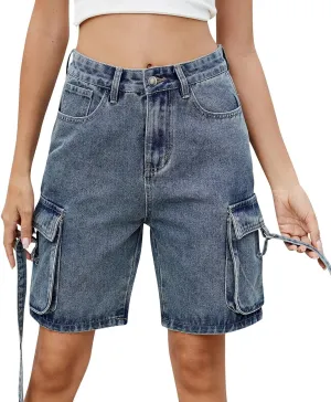 High Waisted Jeans Shorts Womens Mid Thigh Cargo Baggy Jorts Loose Denim Bermuda Shorts Knee Length Cowgirl Pants
