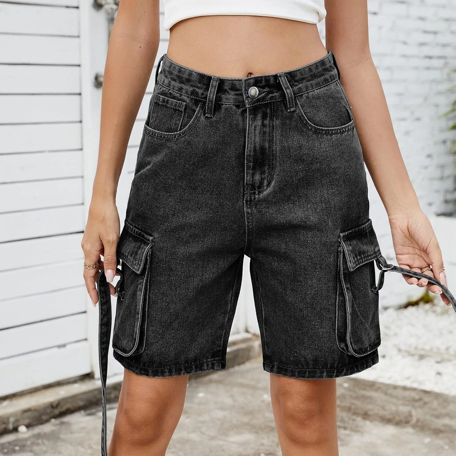 High Waisted Jeans Shorts Womens Mid Thigh Cargo Baggy Jorts Loose Denim Bermuda Shorts Knee Length Cowgirl Pants