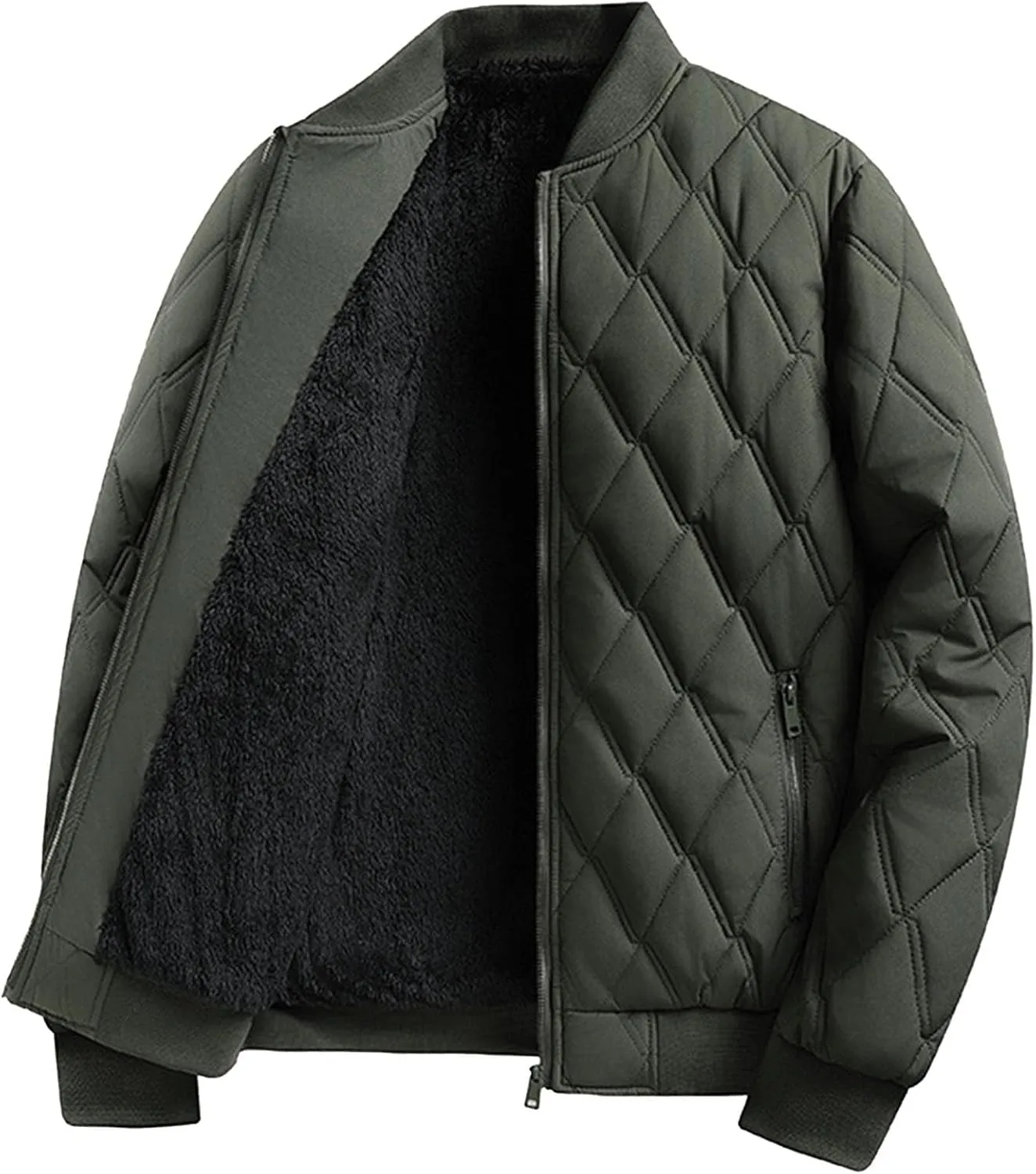 hlysgo Mens Bomber Jacket Sherpa Fleece Lined Quilted Jackets Full Zip Coat Fall Winter Warm Outwear with Zipper Pocket