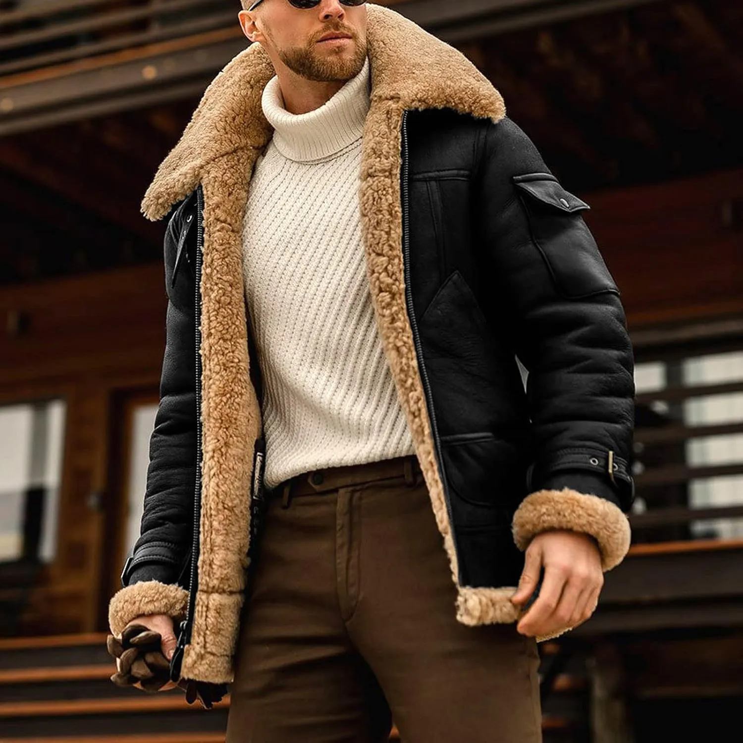 hlysgo Men's Winter Jacket Fleece Sherpa Lined Jacket Faux Suede Warm Coat Shearling Bomber Jacket with Multi Pocket