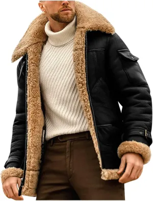 hlysgo Men's Winter Jacket Fleece Sherpa Lined Jacket Faux Suede Warm Coat Shearling Bomber Jacket with Multi Pocket