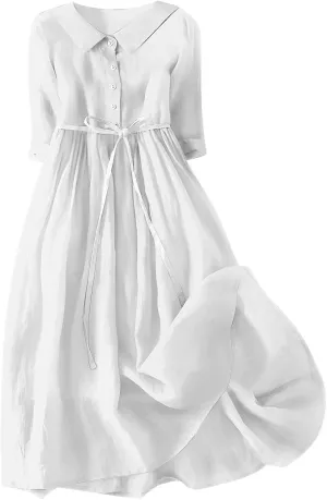 hlysgo Summer Dresses for Women 2025 Casual Bohemian Cotton Linen Dress Trendy 3/4 Sleeve Button Up Maxi Dress with Belt