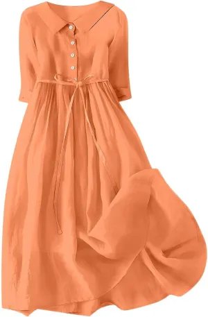 hlysgo Summer Dresses for Women 2025 Casual Bohemian Cotton Linen Dress Trendy 3/4 Sleeve Button Up Maxi Dress with Belt