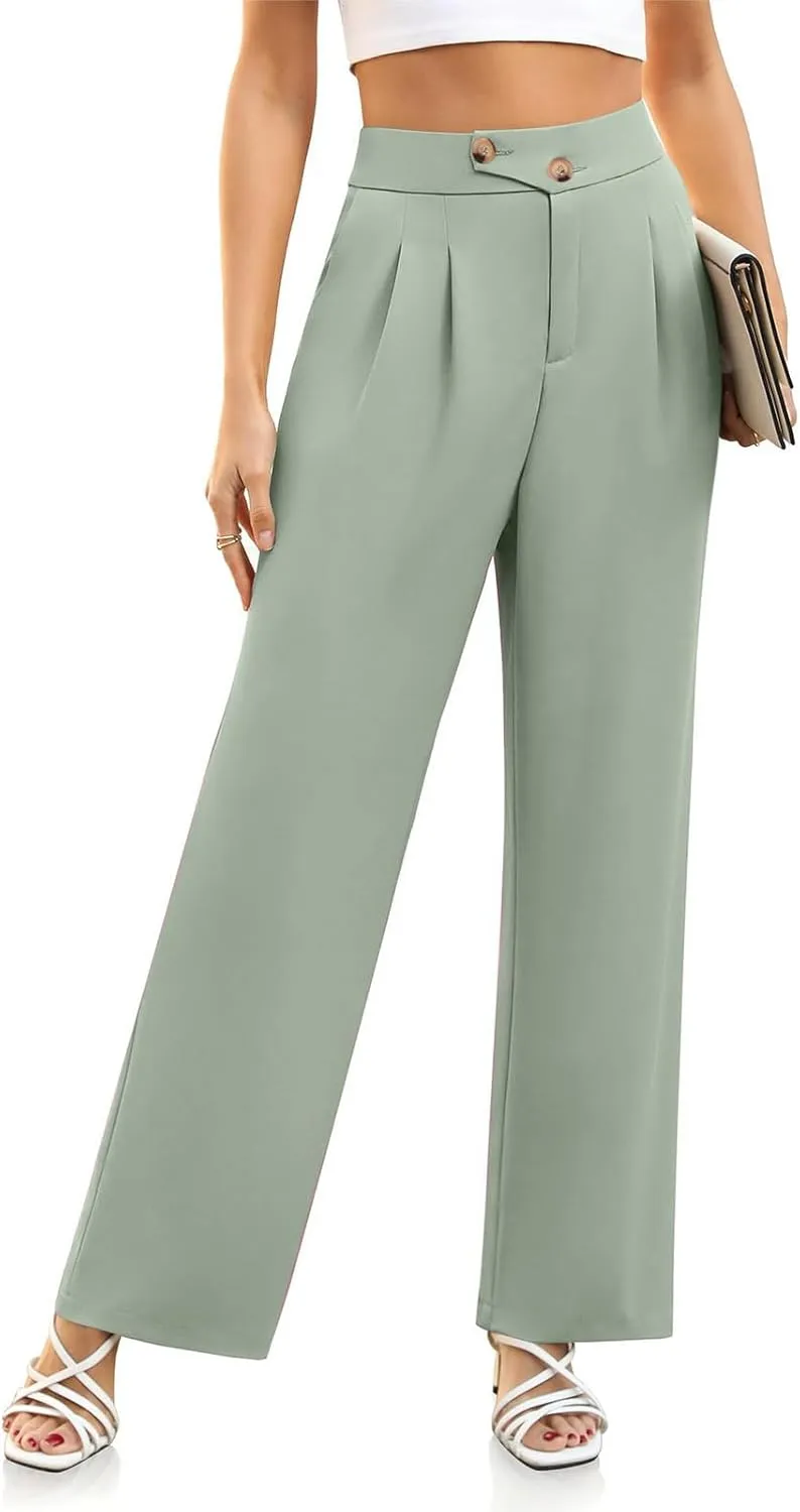hlysgo Women's Dress Pants Dressy Casual Loose Comfy Wide Leg Straight Pants Ladies High Waisted Office Work Slacks Trousers