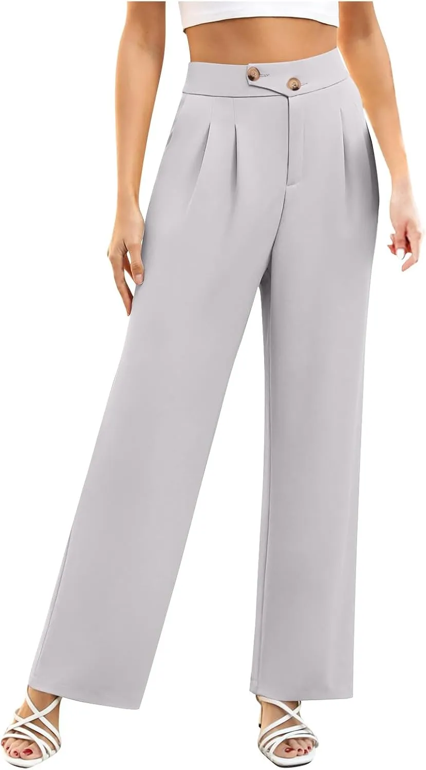 hlysgo Women's Dress Pants Dressy Casual Loose Comfy Wide Leg Straight Pants Ladies High Waisted Office Work Slacks Trousers