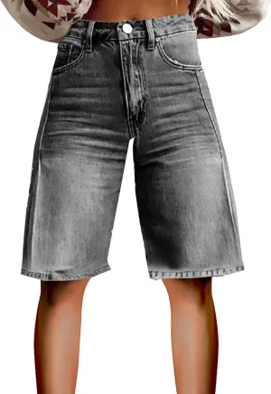 Jean Shorts for Women Denim Bermuda Shorts Y2k Vintage Straight Leg Denim Short Knee Length Jean with Pockets