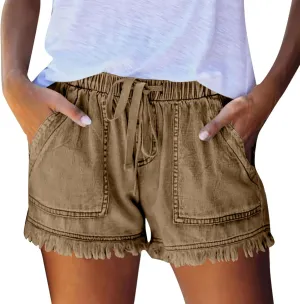 Jean Shorts Women High Waisted Drawstring Cut Off Denim Shorts Summer Hot Raw Hem Jeans Short Pants with Pockets