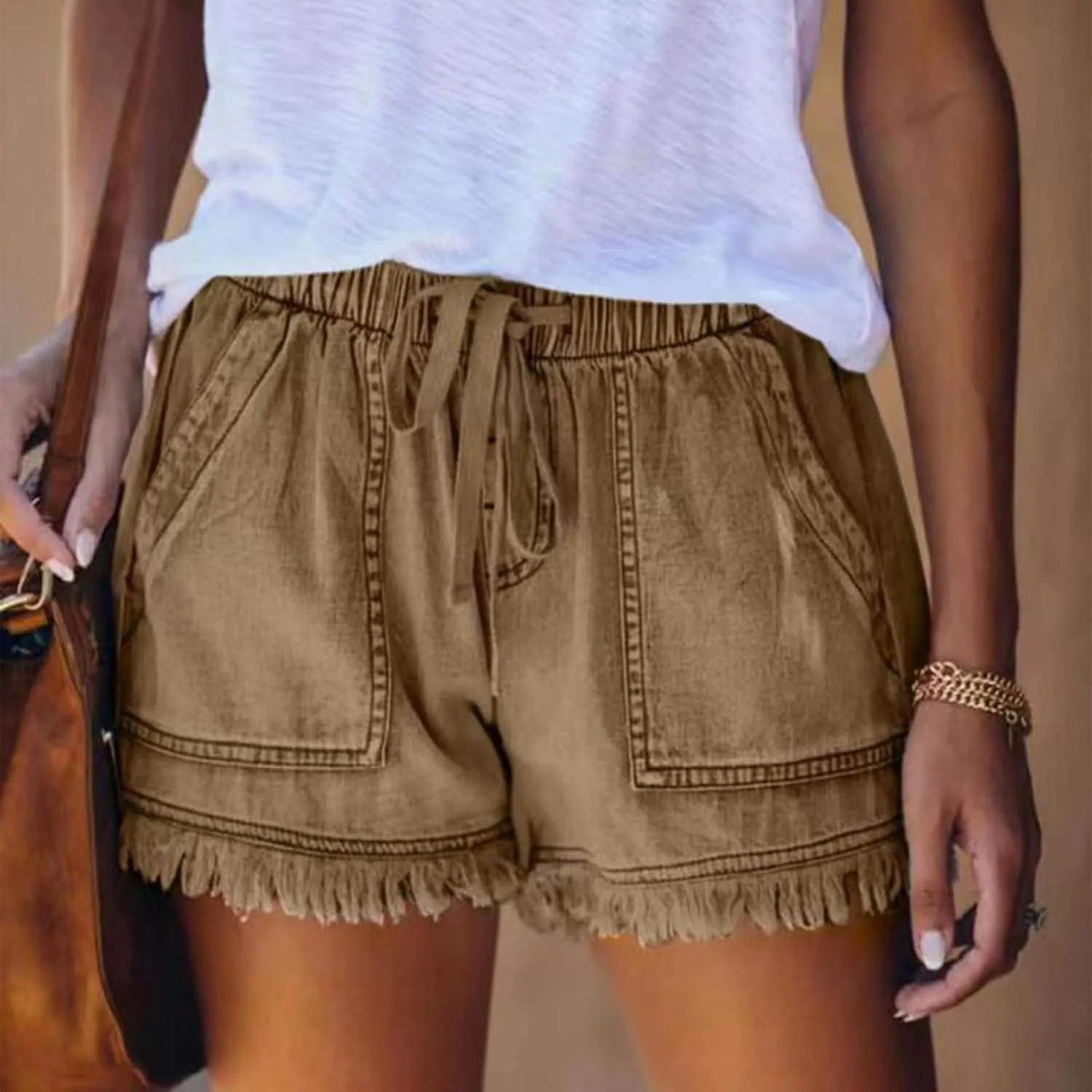 Jean Shorts Women High Waisted Drawstring Cut Off Denim Shorts Summer Hot Raw Hem Jeans Short Pants with Pockets