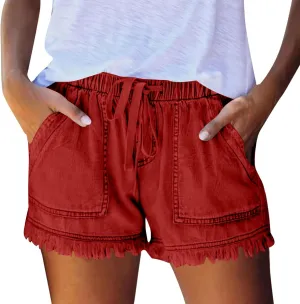 Jean Shorts Women High Waisted Drawstring Cut Off Denim Shorts Summer Hot Raw Hem Jeans Short Pants with Pockets