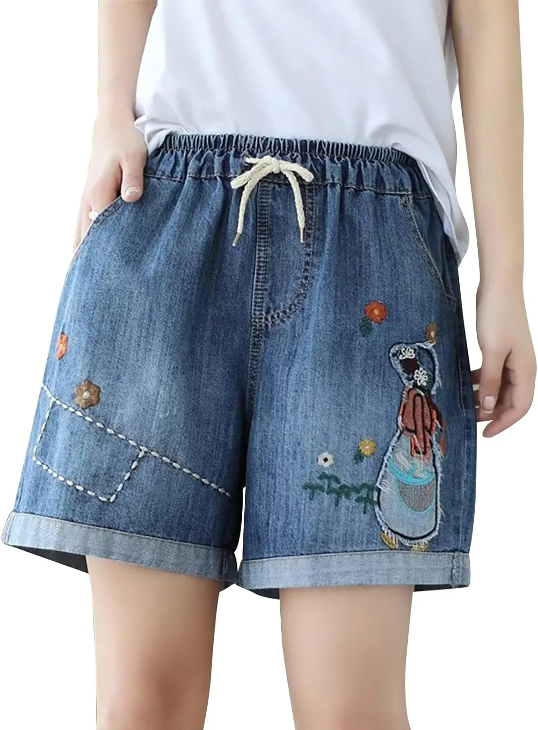 Jean Shorts Womens Elastic High Waisted Denim Bermuda Shorts Baggy Plus Size Embroidery Long Jeans Jorts with Pocket