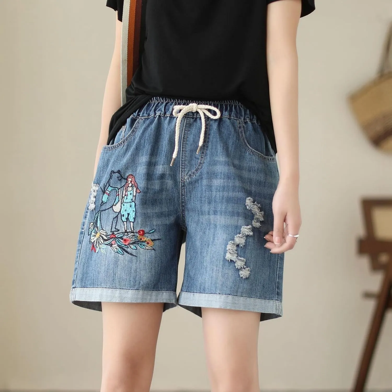 Jean Shorts Womens Elastic High Waisted Denim Bermuda Shorts Baggy Plus Size Embroidery Long Jeans Jorts with Pocket