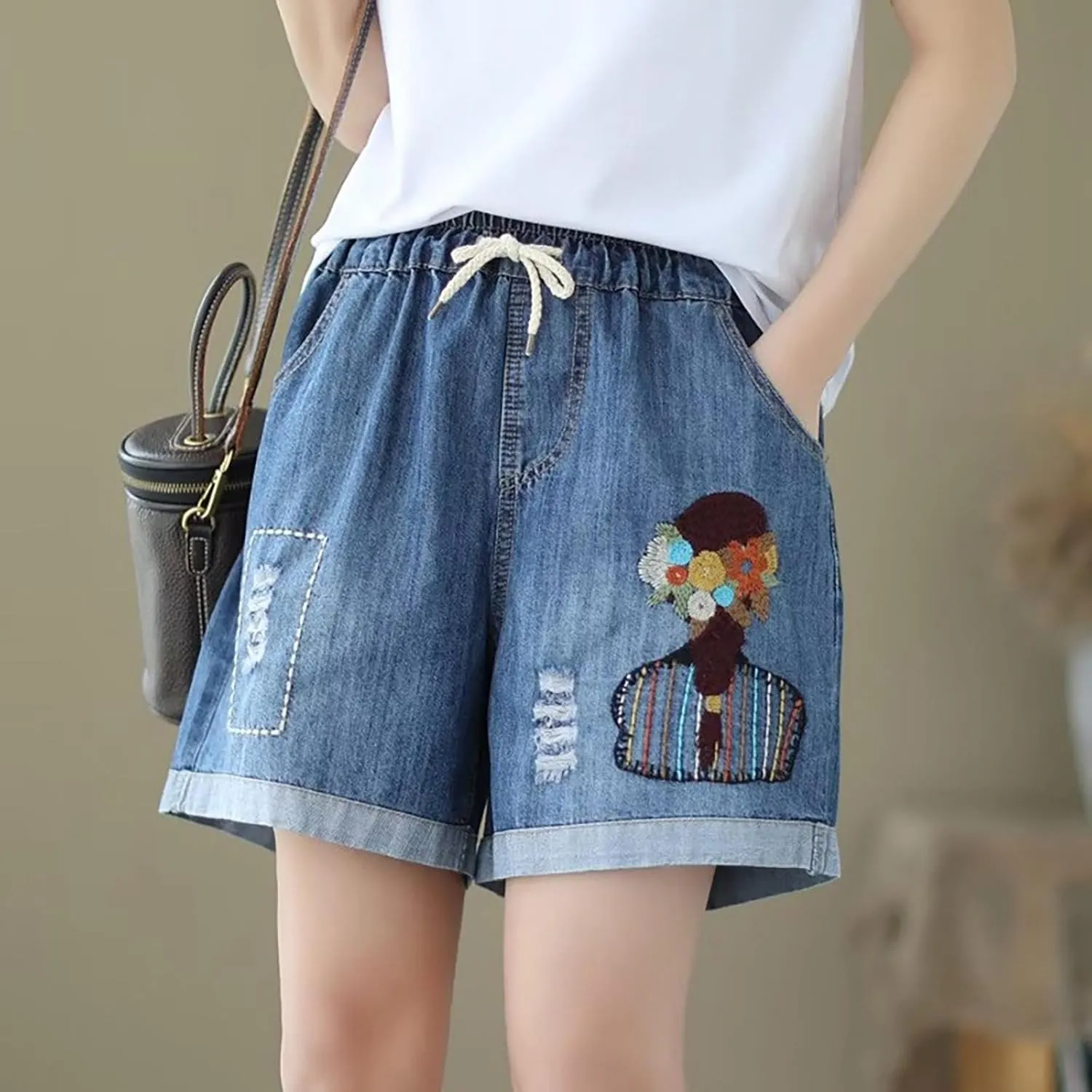 Jean Shorts Womens Elastic High Waisted Denim Bermuda Shorts Baggy Plus Size Embroidery Long Jeans Jorts with Pocket