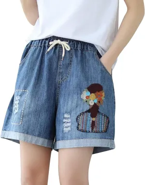 Jean Shorts Womens Elastic High Waisted Denim Bermuda Shorts Baggy Plus Size Embroidery Long Jeans Jorts with Pocket