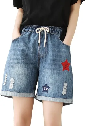 Jean Shorts Womens Elastic High Waisted Denim Bermuda Shorts Baggy Plus Size Embroidery Long Jeans Jorts with Pocket