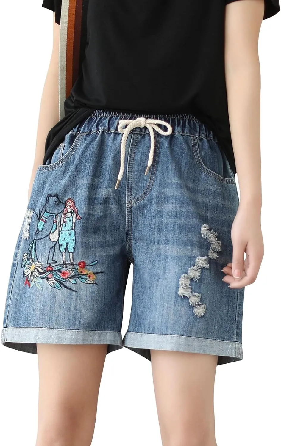 Jean Shorts Womens Elastic High Waisted Denim Bermuda Shorts Baggy Plus Size Embroidery Long Jeans Jorts with Pocket